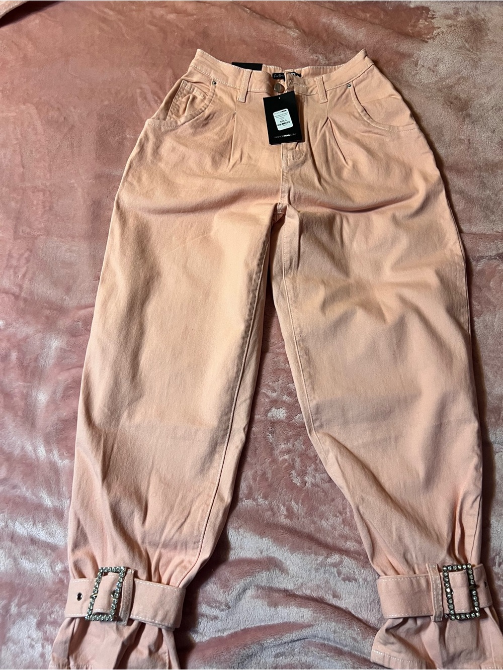 Fashion Nova Peach Cargo Jeans with Jeweled Buckle Cuffs
